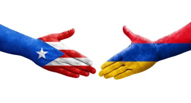 Ermenistan ve Porto Riko bayrakları arasındaki el sıkışma ellerinde izole şeffaf görüntü.