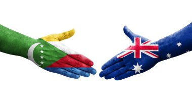 Avustralya ve Comoros bayrakları arasında el sıkışma, izole şeffaf görüntü.