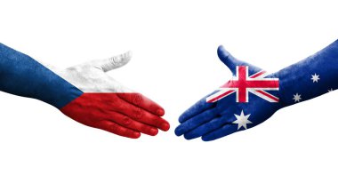 Avustralya ve Çek bayrakları arasındaki el sıkışma ellerinde resmedilmiş, şeffaf görüntü.