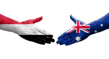 Avustalya ve Yemen bayrakları arasındaki el sıkışma, izole şeffaf görüntü.