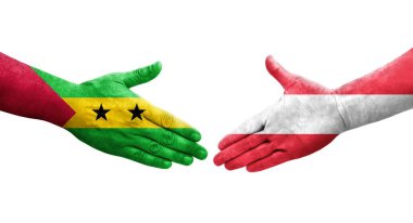 Avusturya ve Sao Tome ve Principe bayrakları arasındaki el sıkışma, izole şeffaf görüntü.