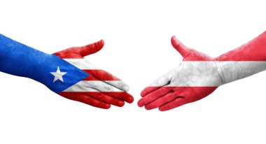 Avusturya ve Porto Riko bayrakları arasındaki el sıkışma ellerinde resmedilmiş şeffaf bir görüntü.