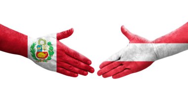Ellerinde Avusturya ve Peru bayrakları arasında el sıkışma, izole şeffaf görüntü.