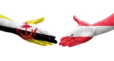 Ellerinde Avusturya ve Brunei bayrakları arasında el sıkışma, izole şeffaf görüntü.