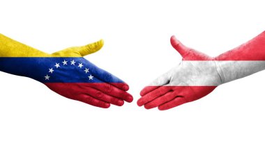 Ellerinde Avusturya ve Venezuela bayrakları arasında el sıkışma, izole şeffaf görüntü.