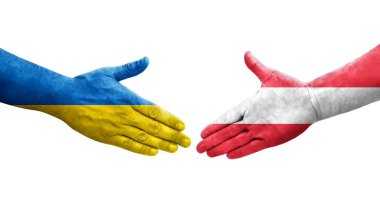 Ellerinde Avusturya ve Ukrayna bayrakları arasında el sıkışma, izole şeffaf görüntü.