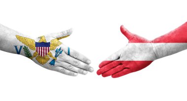 Avusturya ve Virgin Adaları arasındaki el sıkışma ellerinde boyanmış bayraklar, izole edilmiş şeffaf görüntü.