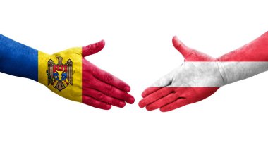 Ellerinde Avusturya ve Moldova bayrakları arasında el sıkışma, izole şeffaf görüntü.