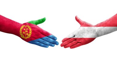 Ellerinde Avusturya ve Eritre bayrakları arasında el sıkışma, izole şeffaf görüntü.