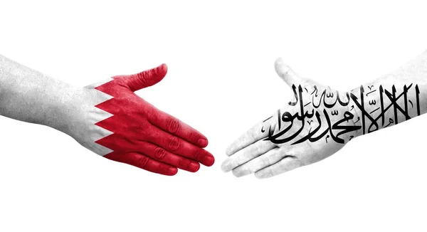 Handdruk Tussen Afghanistan Bahrein Handen Geschilderde Vlaggen Geïsoleerd Transparant Beeld — Stockfoto