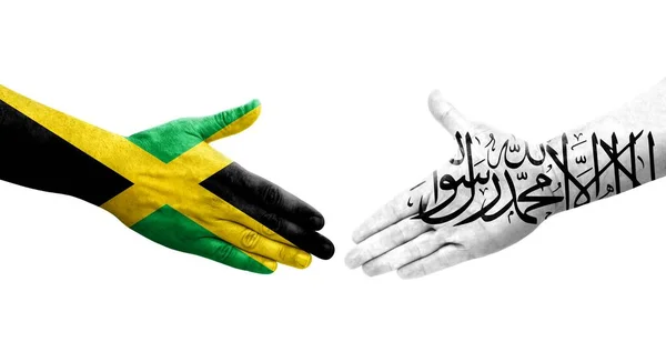 Handdruk Tussen Afghaanse Jamaica Vlaggen Handen Geschilderd Geïsoleerd Transparant Beeld — Stockfoto