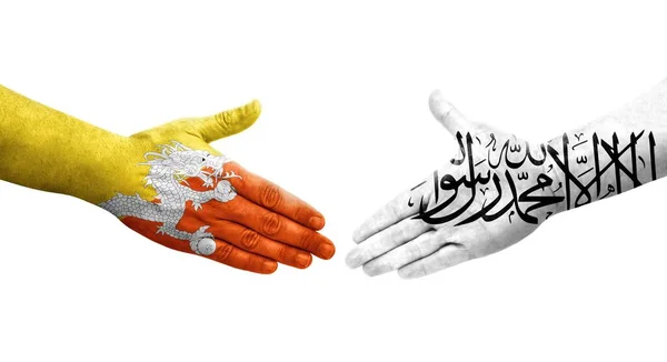 Aperto Mão Entre Afeganistão Bandeiras Butão Pintadas Mãos Imagem Transparente — Fotografia de Stock