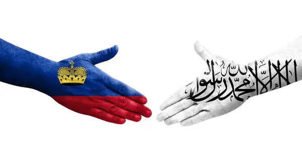 Handdruk Tussen Vlaggen Van Afghanistan Liechtenstein Handen Geschilderd Geïsoleerd Transparant — Stockfoto