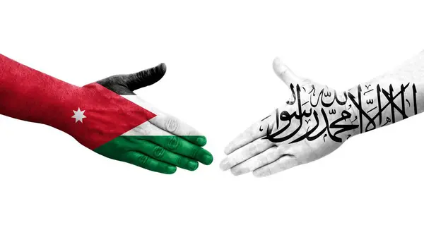 Aperto Mão Entre Afeganistão Jordânia Bandeiras Pintadas Mãos Imagem Transparente — Fotografia de Stock