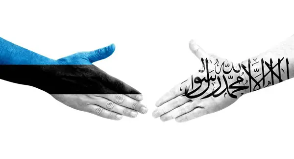 Handdruk Tussen Afghanistan Estland Handen Geschilderde Vlaggen Geïsoleerd Transparant Beeld — Stockfoto