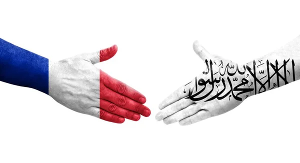 Handslag Mellan Afghanistan Och Frankrike Flaggor Målade Händer Isolerad Transparent — Stockfoto