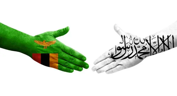 Рукостискання Між Афганськими Замбійськими Прапорами Намальоване Руках Ізольоване Прозоре Зображення — стокове фото