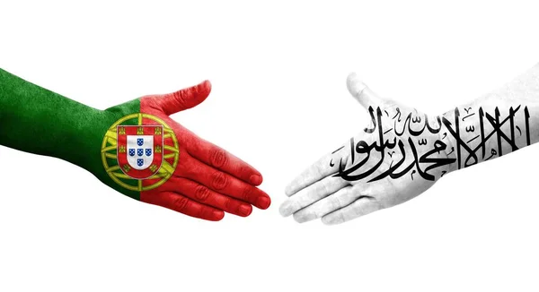 Handslag Mellan Afghanistan Och Portugal Flaggor Målade Händer Isolerad Transparent — Stockfoto