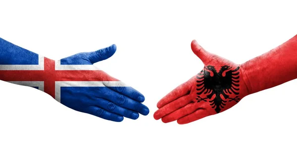 アルバニアとアイスランドの国旗を手描きで握手し 透明感のある孤立したイメージ — ストック写真