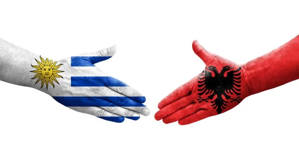 Mano Apretada Entre Albania Uruguay Banderas Pintadas Las Manos Imagen — Foto de Stock