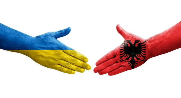 Stretta Mano Tra Albania Ucraina Bandiere Dipinte Mani Isolata Immagine — Foto Stock