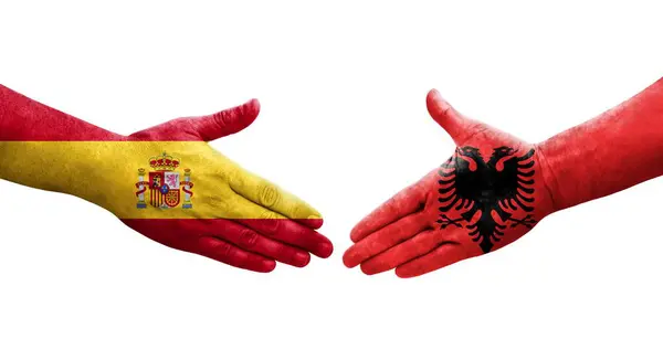 Рукостискання Між Албанією Іспанією Прапори Намальовані Руках Ізольоване Прозоре Зображення — стокове фото