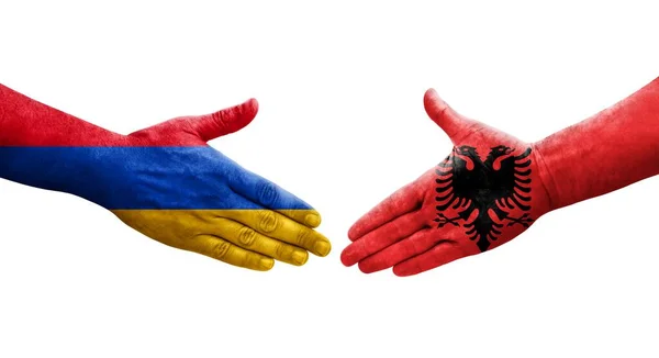 Stretta Mano Tra Albania Armenia Bandiere Dipinte Mani Isolata Immagine — Foto Stock