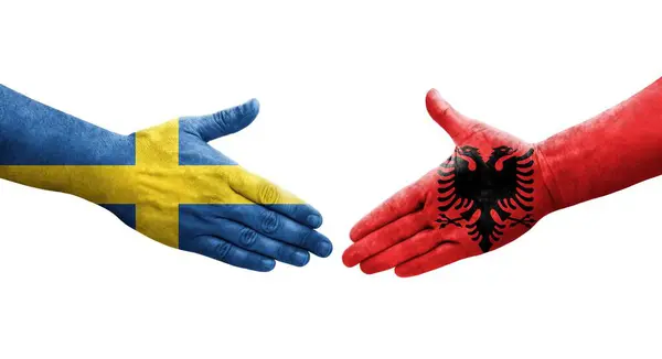 Handdruk Tussen Albanië Zweden Vlaggen Handen Geschilderd Geïsoleerd Transparant Beeld — Stockfoto