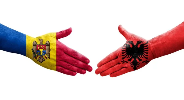 Stretta Mano Tra Albania Moldavia Bandiere Dipinte Mani Isolata Immagine — Foto Stock