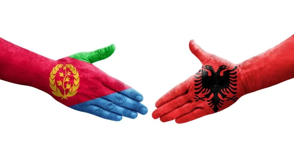Apretón Manos Entre Albania Eritrea Banderas Pintadas Las Manos Imagen — Foto de Stock