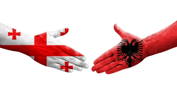 Рукостискання Між Албанією Грузією Прапори Намальовані Руках Ізольоване Прозоре Зображення — стокове фото