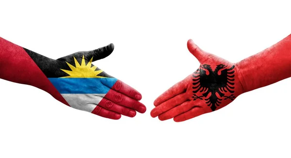 Рукопожатие Между Флагом Албании Антигуа Барбуды Нарисованное Руках Изолированное Прозрачное — стоковое фото