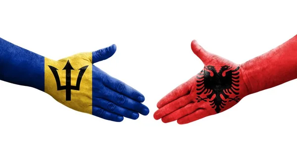 Apretón Manos Entre Albania Barbados Banderas Pintadas Las Manos Imagen — Foto de Stock