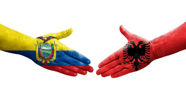 Stretta Mano Tra Albania Ecuador Bandiere Dipinte Mani Isolata Immagine — Foto Stock
