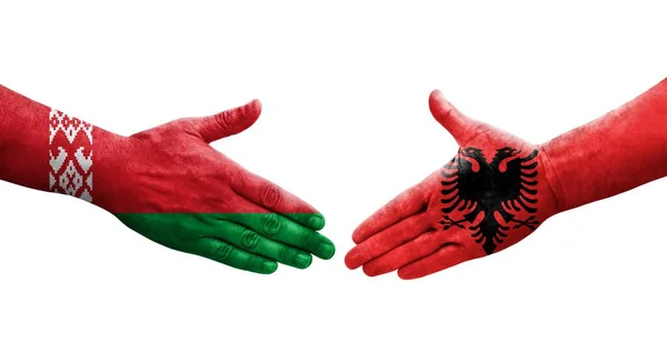 Poignée Main Entre Albanie Biélorussie Drapeaux Peints Sur Les Mains — Photo