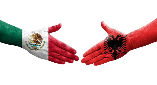Uścisk Dłoni Między Albanią Meksykiem Flagi Malowane Rękach Odizolowany Przezroczysty — Zdjęcie stockowe