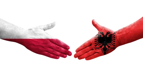 Aperto Mão Entre Albânia Polónia Bandeiras Pintadas Mãos Imagem Transparente — Fotografia de Stock
