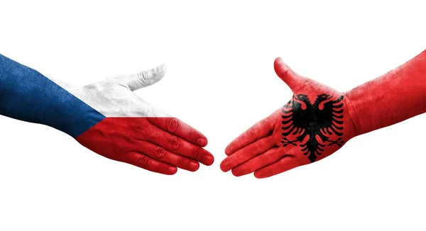 Рукостискання Між Албанією Чехами Прапори Намальовані Руках Ізольований Прозорий Образ — стокове фото