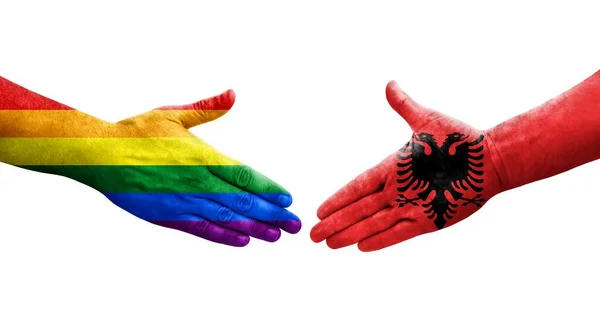 阿尔巴尼亚和男女同性恋 双性恋和变性者国旗之间的握手 用手绘 孤立透明的图像 — 图库照片