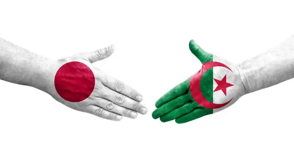 Apretón Manos Entre Argelia Japón Banderas Pintadas Las Manos Imagen — Foto de Stock