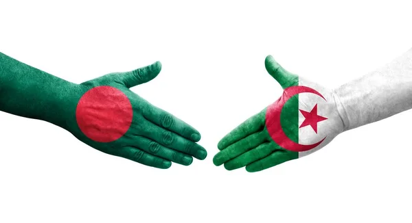 Apretón Manos Entre Argelia Bangladesh Banderas Pintadas Las Manos Imagen — Foto de Stock