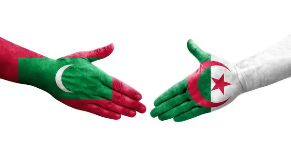 Apretón Manos Entre Argelia Maldivas Banderas Pintadas Las Manos Imagen — Foto de Stock