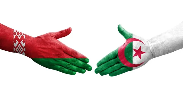 Handshake Algeria Belarus Flags Painted Hands Isolated Transparent Image — Stock Photo, Image