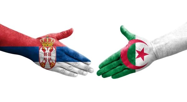 Рукостискання Між Алжирськими Сербськими Прапорами Намальоване Руках Ізольоване Прозоре Зображення — стокове фото