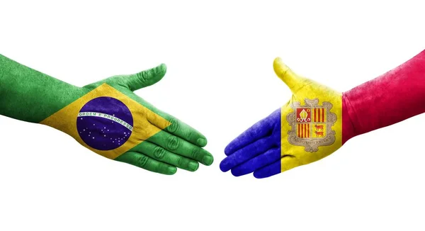 Potřesení Rukou Mezi Vlajkami Andorry Brazílie Namalovanými Rukou Izolovaný Průhledný — Stock fotografie