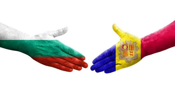 Aperto Mão Entre Andorra Bulgária Bandeiras Pintadas Mãos Imagem Transparente — Fotografia de Stock