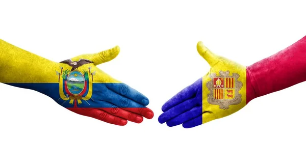 Handshake Andorra Ecuador Flags Painted Hands Isolated Transparent Image — Stock Photo, Image