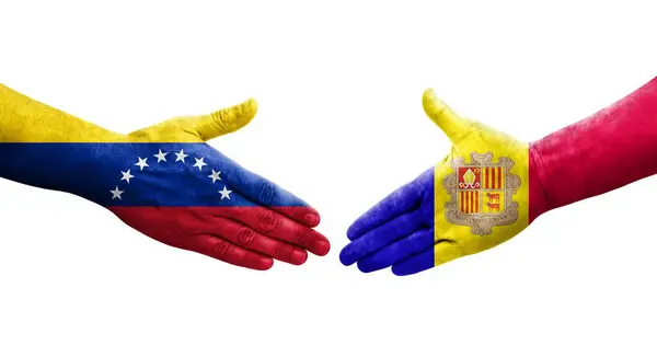 安道尔和委内瑞拉之间握手 手绘国旗 孤立透明的形象 — 图库照片