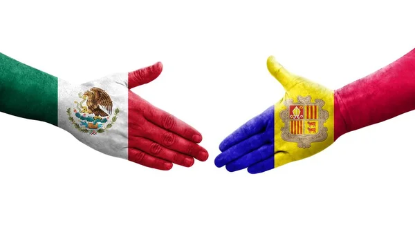 Uścisk Dłoni Między Flagami Andory Meksyku Namalowanymi Dłoniach Odizolowany Przezroczysty — Zdjęcie stockowe