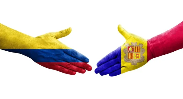 Mano Apretada Entre Banderas Andorra Colombia Pintadas Las Manos Imagen — Foto de Stock